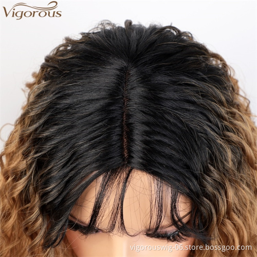 Vigorous Synthetic Long Curly Wavy Wig Ombre Middle Part Water Wave Wig Black Root to Blonde Wig for Women